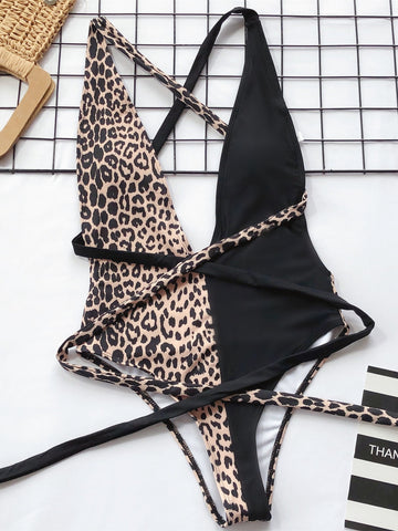 Tied Leopard Plunge One-Piece Swimwear Trendsi Tied Leopard Plunge One-Piece Swimwear Trendsi