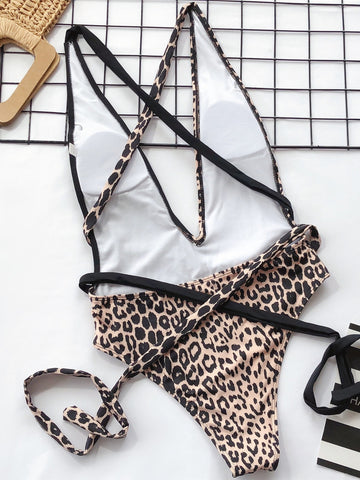 Tied Leopard Plunge One-Piece Swimwear Trendsi Tied Leopard Plunge One-Piece Swimwear Trendsi