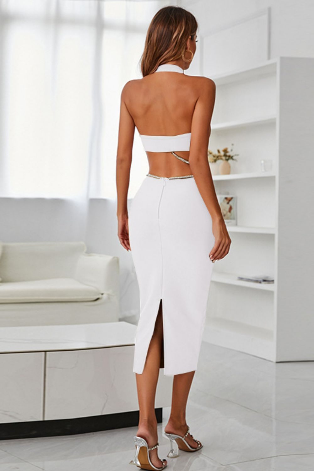 Rhinestone Halter Neck Cutout Slit Midi Dress Trendsi Rhinestone Halter Neck Cutout Slit Midi Dress Trendsi