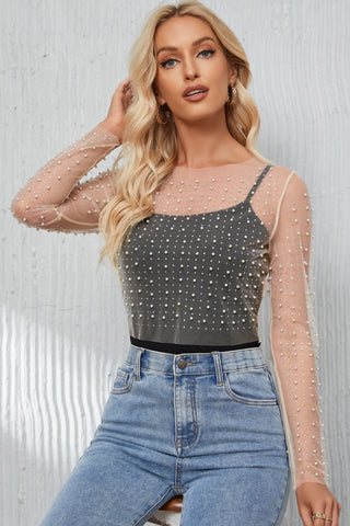 Pearl Long Sleeve Mesh Cropped Top Trendsi Pearl Long Sleeve Mesh Cropped Top Trendsi