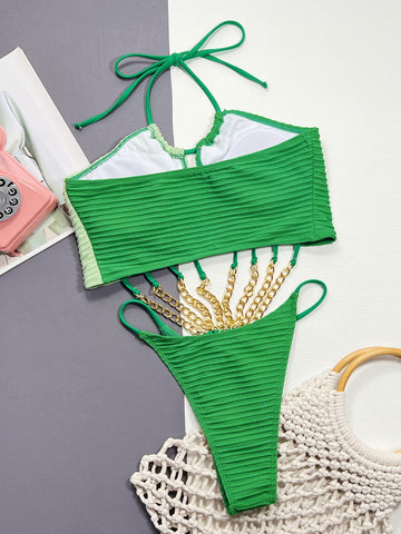 Contrast Halter Neck Chain Detail One-Piece Swimsuit Trendsi Contrast Halter Neck Chain Detail One-Piece Swimsuit Trendsi