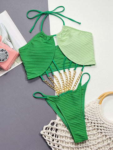 Contrast Halter Neck Chain Detail One-Piece Swimsuit Trendsi Contrast Halter Neck Chain Detail One-Piece Swimsuit Trendsi
