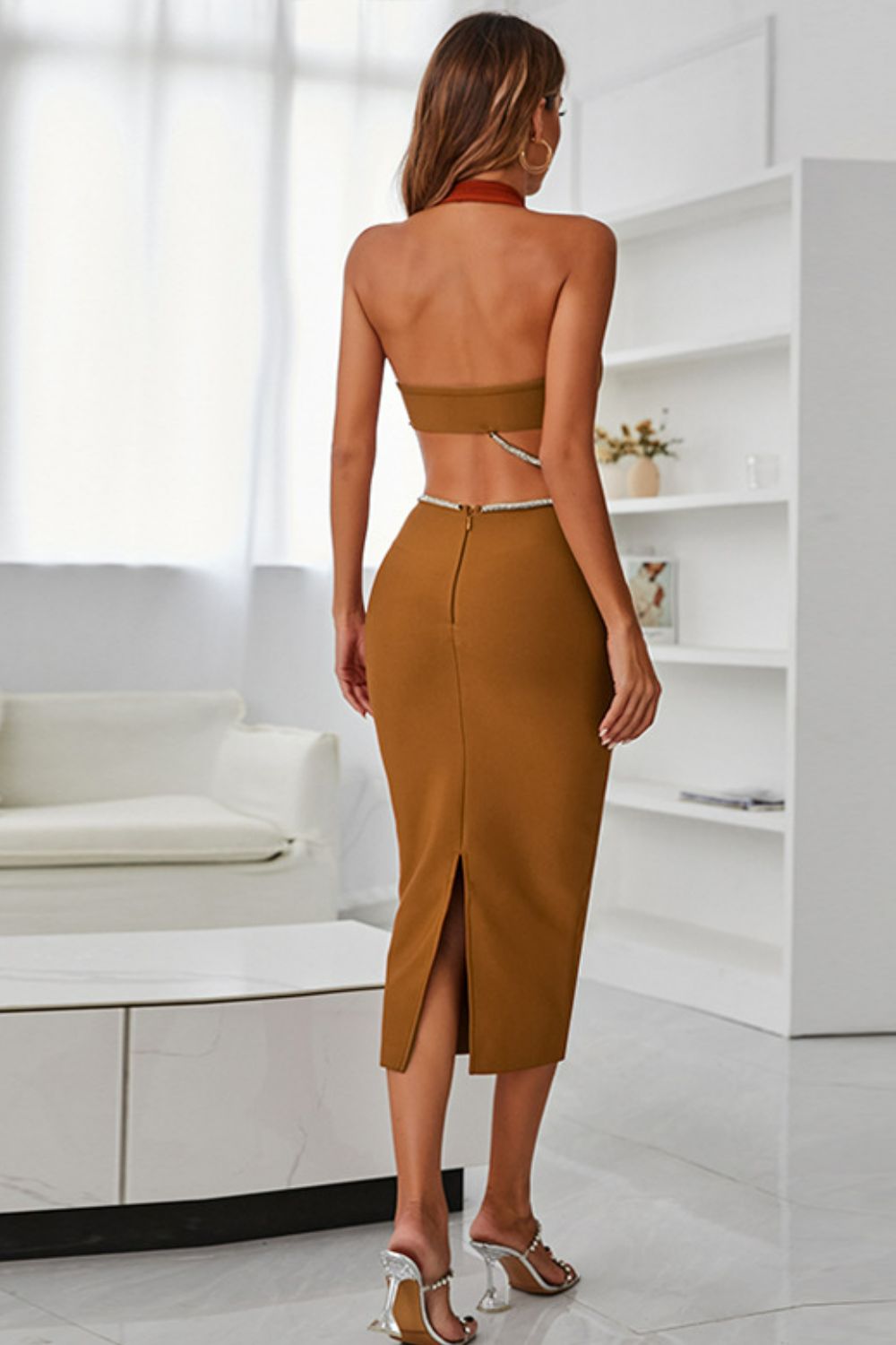 Rhinestone Halter Neck Cutout Slit Midi Dress Trendsi Rhinestone Halter Neck Cutout Slit Midi Dress Trendsi