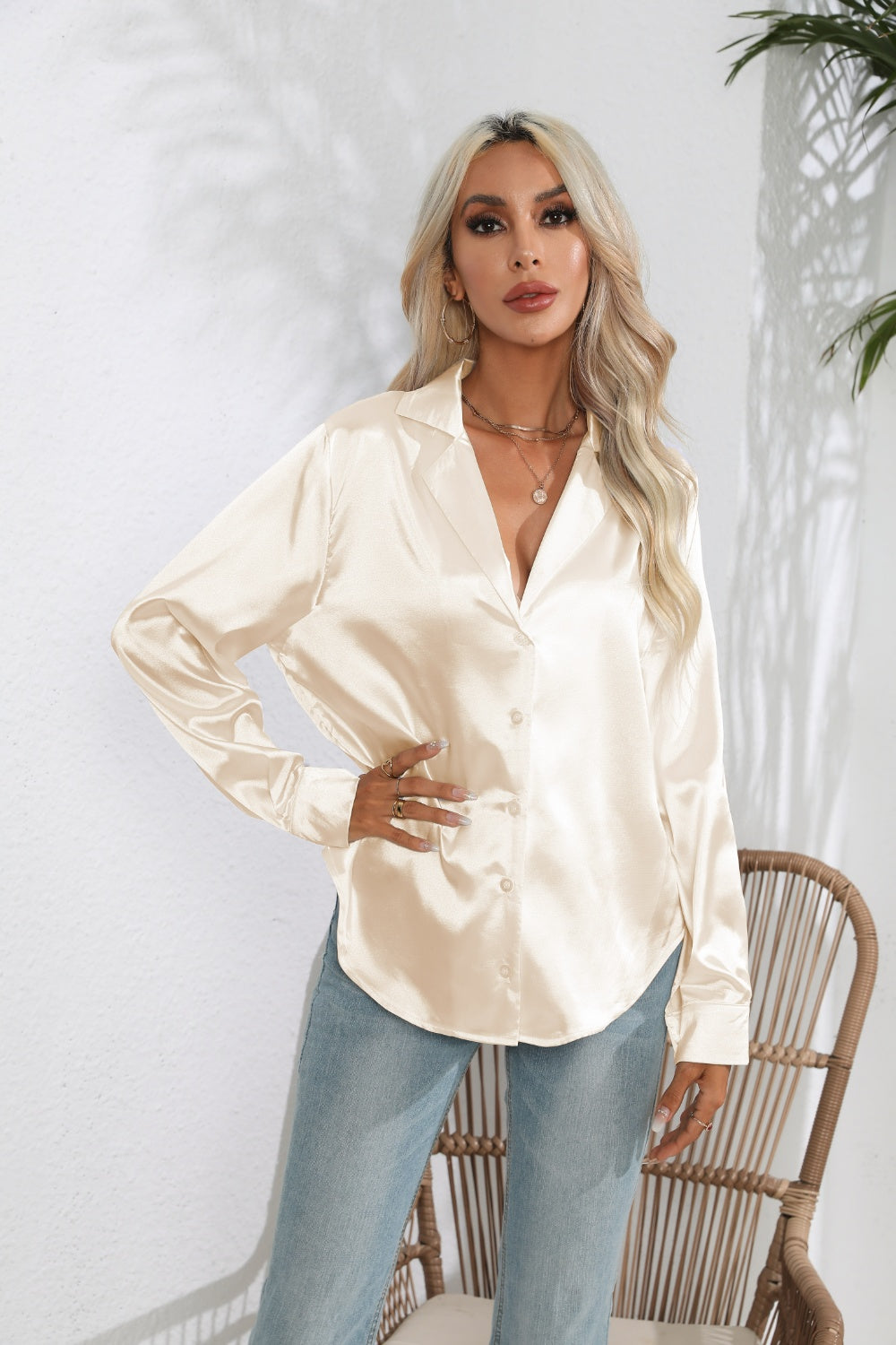 Lapel Collar Button Up Long Sleeve Shirt Trendsi Lapel Collar Button Up Long Sleeve Shirt Trendsi