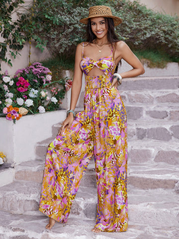 Cutout Printed Spaghetti Strap Jumpsuit Trendsi Cutout Printed Spaghetti Strap Jumpsuit Trendsi