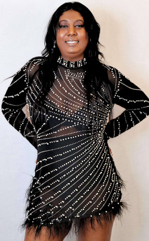 Rhinestone Sheer Mesh Feather Party Dress Fashion Boss 21 Rhinestone Sheer Mesh Feather Party Dress Fashion Boss 21