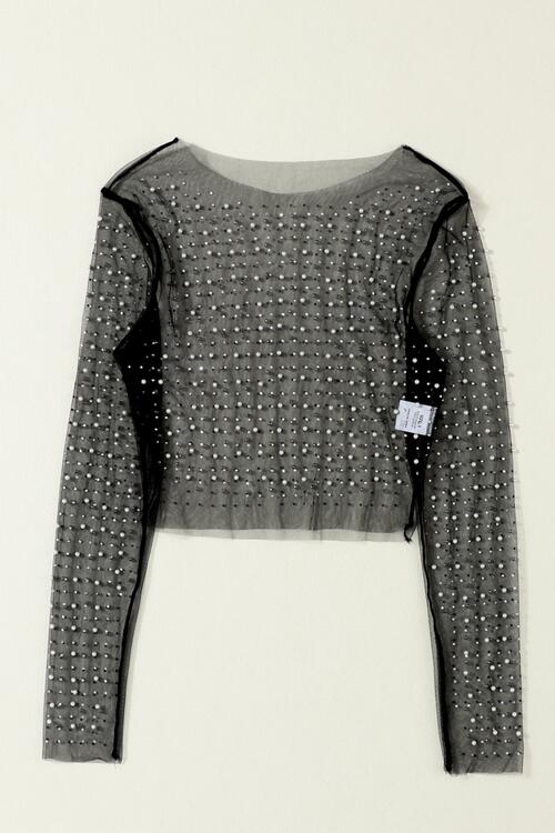 Pearl Long Sleeve Mesh Cropped Top Trendsi Pearl Long Sleeve Mesh Cropped Top Trendsi