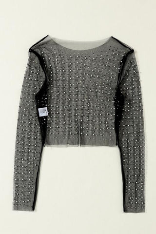 Pearl Long Sleeve Mesh Cropped Top Trendsi Pearl Long Sleeve Mesh Cropped Top Trendsi