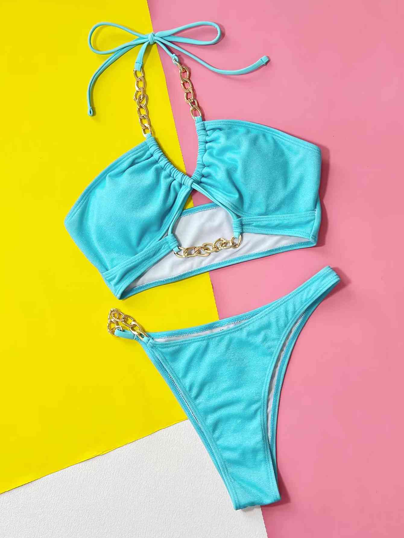 Halter Neck Chain Detail Two-Piece Bikini Set Trendsi Halter Neck Chain Detail Two-Piece Bikini Set Trendsi