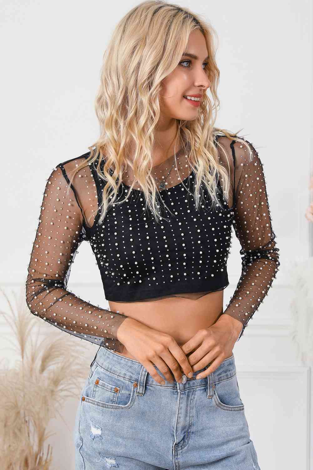 Pearl Long Sleeve Mesh Cropped Top Trendsi Pearl Long Sleeve Mesh Cropped Top Trendsi