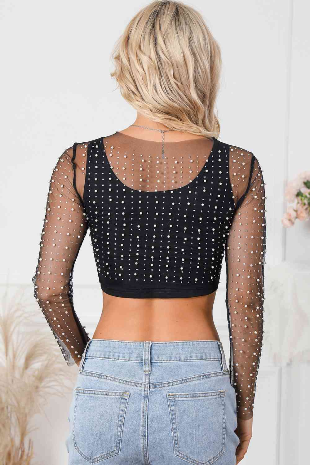 Pearl Long Sleeve Mesh Cropped Top Trendsi Pearl Long Sleeve Mesh Cropped Top Trendsi