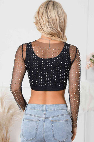 Pearl Long Sleeve Mesh Cropped Top Trendsi Pearl Long Sleeve Mesh Cropped Top Trendsi
