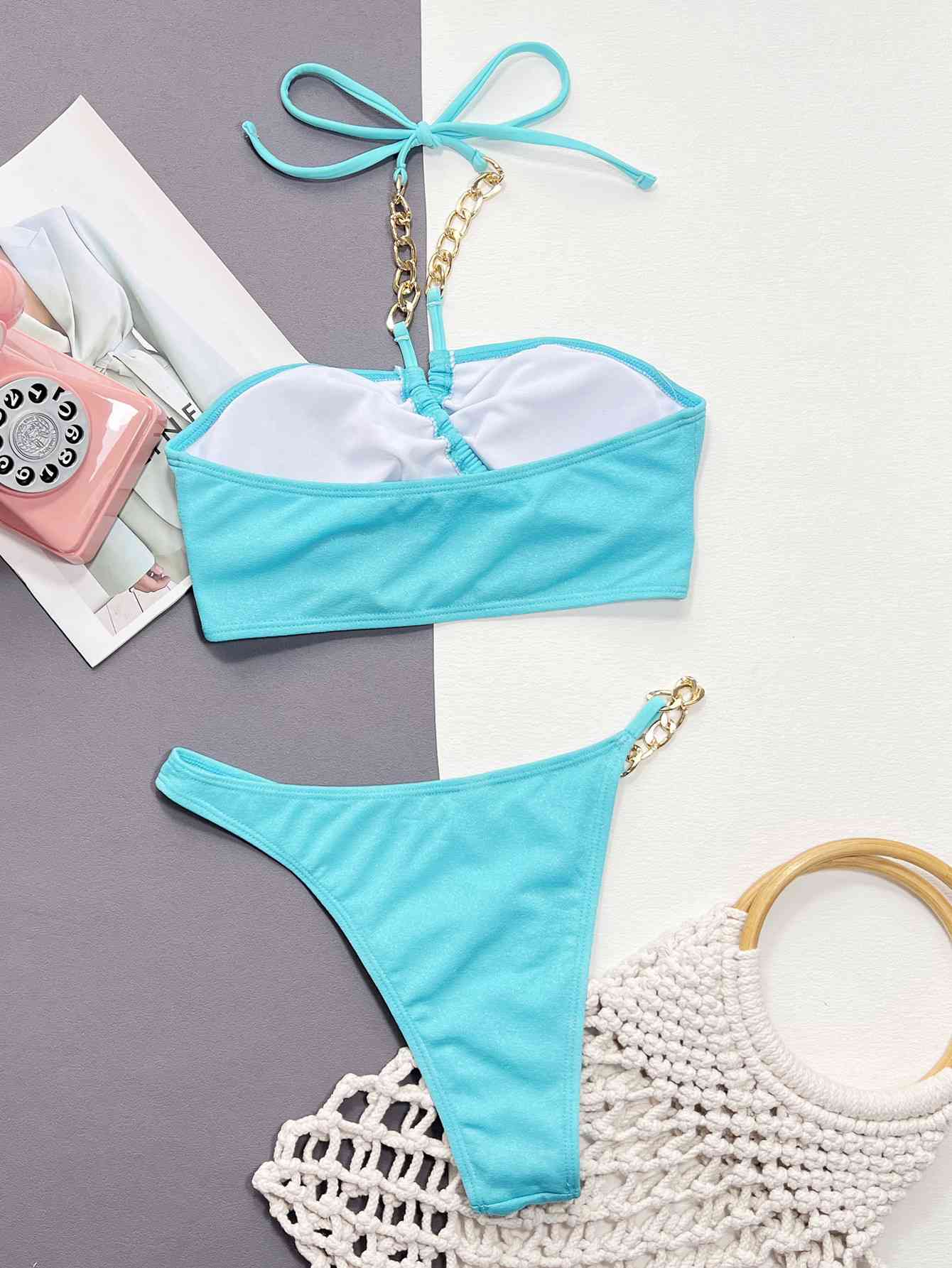Halter Neck Chain Detail Two-Piece Bikini Set Trendsi Halter Neck Chain Detail Two-Piece Bikini Set Trendsi