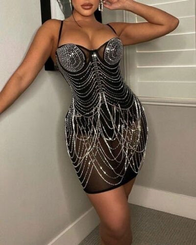 Rhinestone Tassel Decor Sheer Mesh Dress Fashion Boss 21 Rhinestone Tassel Decor Sheer Mesh Dress Fashion Boss 21