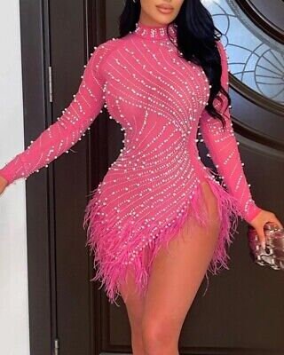 Rhinestone Sheer Mesh Feather Party Dress Fashion Boss 21 Rhinestone Sheer Mesh Feather Party Dress Fashion Boss 21