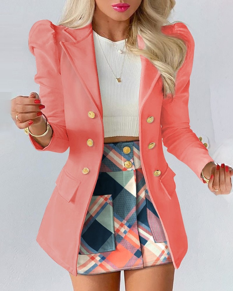 Puff Sleeve Blazer & Plaid Print Skirt Set Fashion Boss 21 Puff Sleeve Blazer & Plaid Print Skirt Set Fashion Boss 21