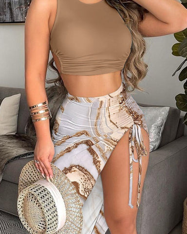 Ruched Top & Marble Print Slit Skirt Set Fashion Boss 21 Ruched Top & Marble Print Slit Skirt Set Fashion Boss 21