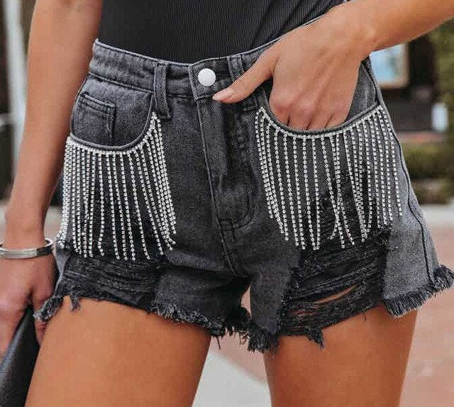 Diamond Tassels Denim Shorts Fashion Boss 21 Diamond Tassels Denim Shorts Fashion Boss 21