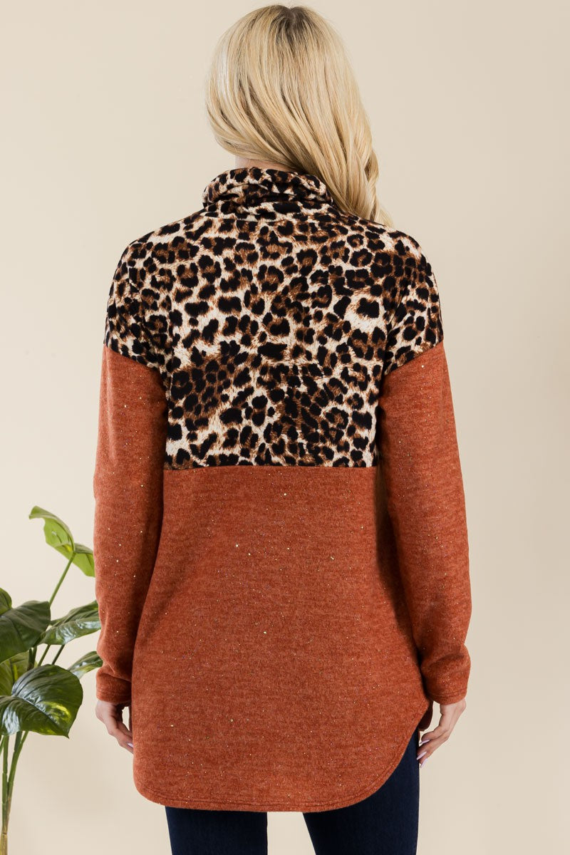 Celeste Full Size Curved Hem Leopard Turtleneck Long Sleeve Blouse Trendsi