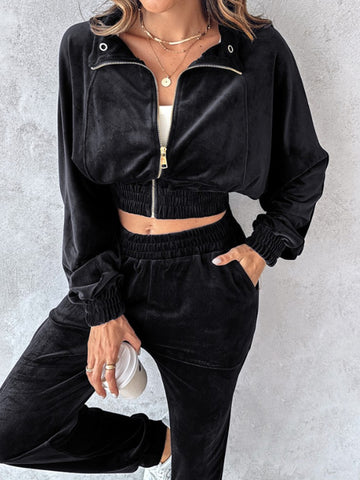 Zip Up Long Sleeve Cropped Top and Joggers Set Trendsi