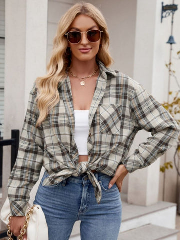 Mandy Pocketed Plaid Collared Neck Long Sleeve Shirt Trendsi