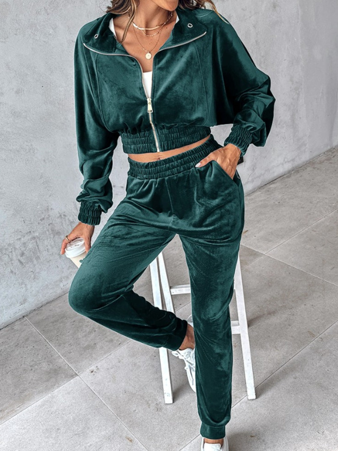 Zip Up Long Sleeve Cropped Top and Joggers Set Trendsi