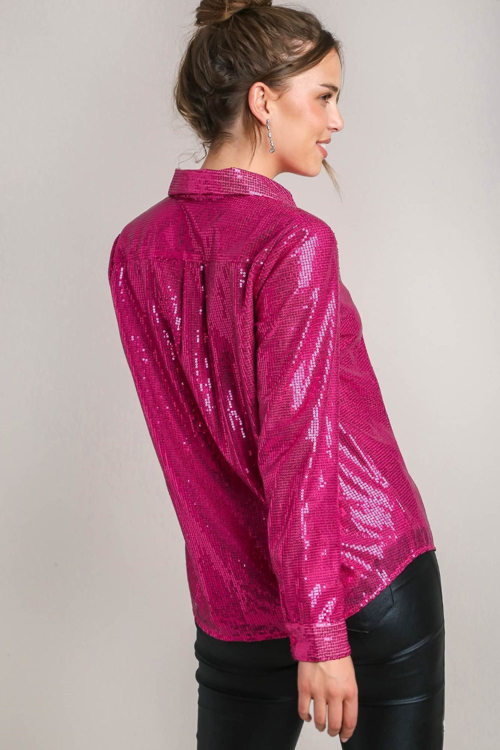 Umgee Sequin Long Sleeve Shirt with Side Chest Pocket Trendsi