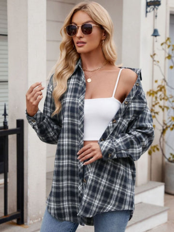 Mandy Pocketed Plaid Collared Neck Long Sleeve Shirt Trendsi