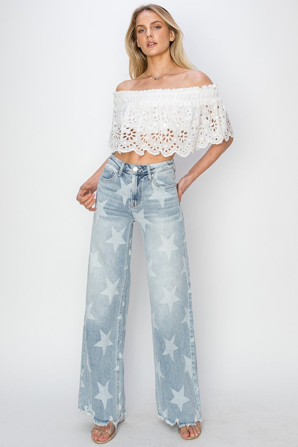 RISEN Full Size Raw Hem Star Wide Leg Jeans Trendsi