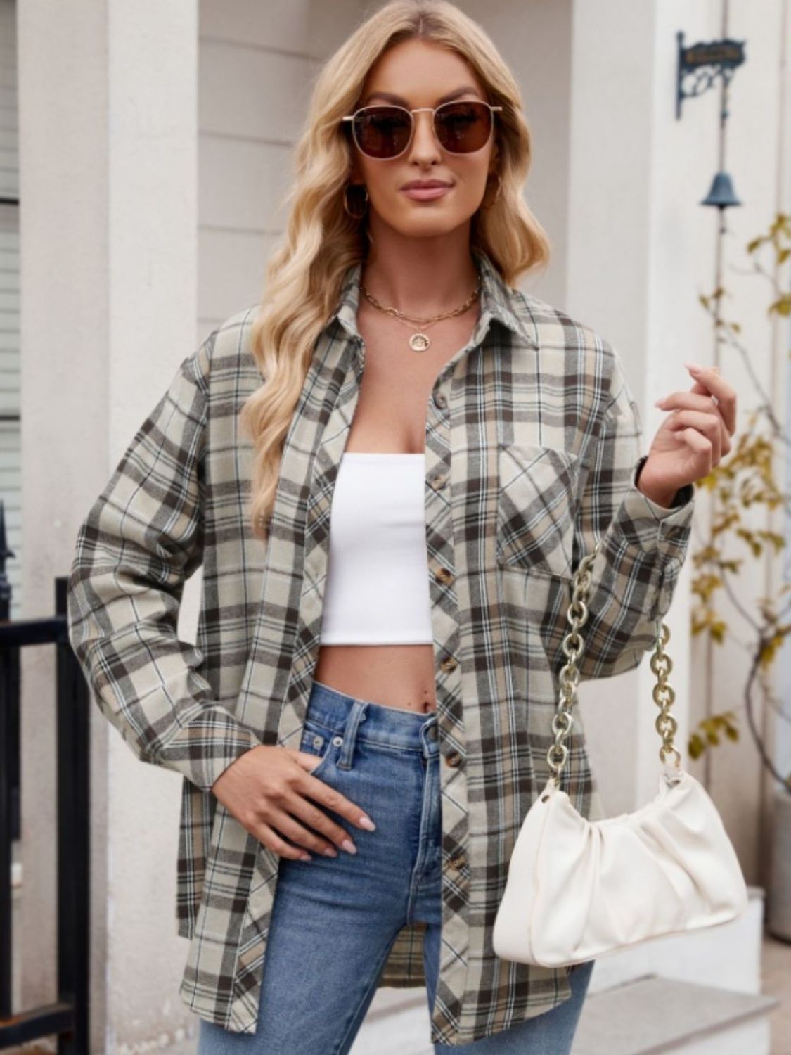 Mandy Pocketed Plaid Collared Neck Long Sleeve Shirt Trendsi