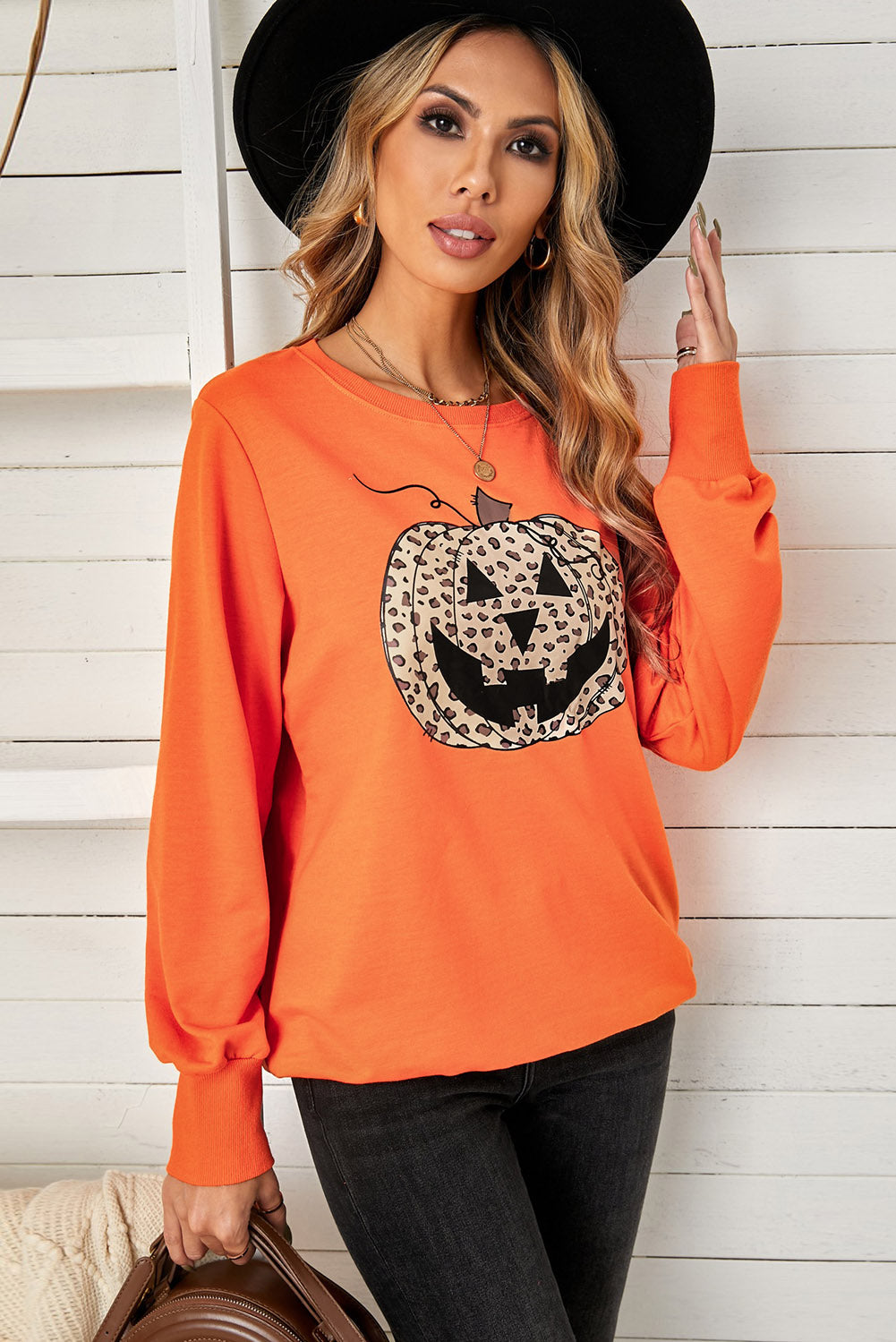 Leopard Jack-O-Lantern Sweatshirt Trendsi