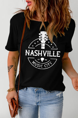 Western NASHVILLE MUSIC CITY Cuffed Graphic Tee Shirt Trendsi