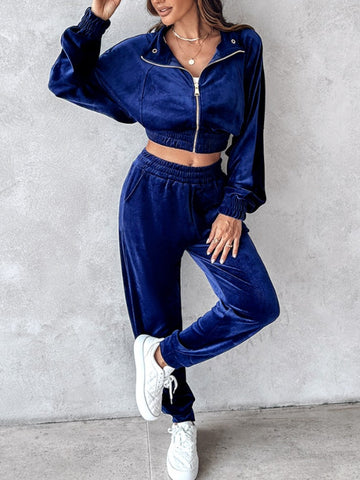 Zip Up Long Sleeve Cropped Top and Joggers Set Trendsi