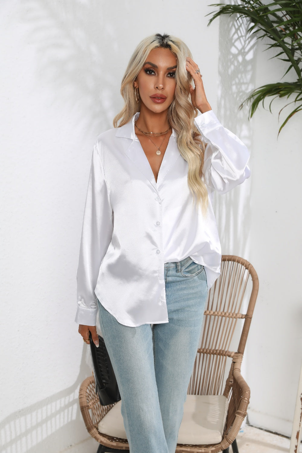 Lapel Collar Button Up Long Sleeve Shirt Trendsi