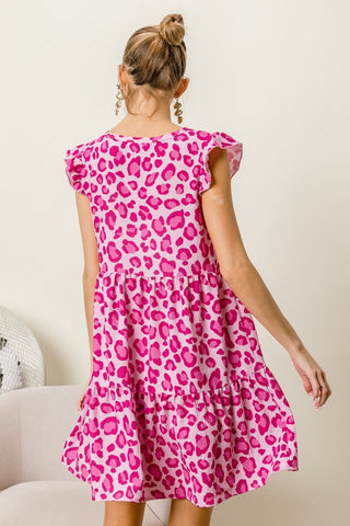 BiBi Leopard Cap Sleeve Tiered Mini Dress Trendsi