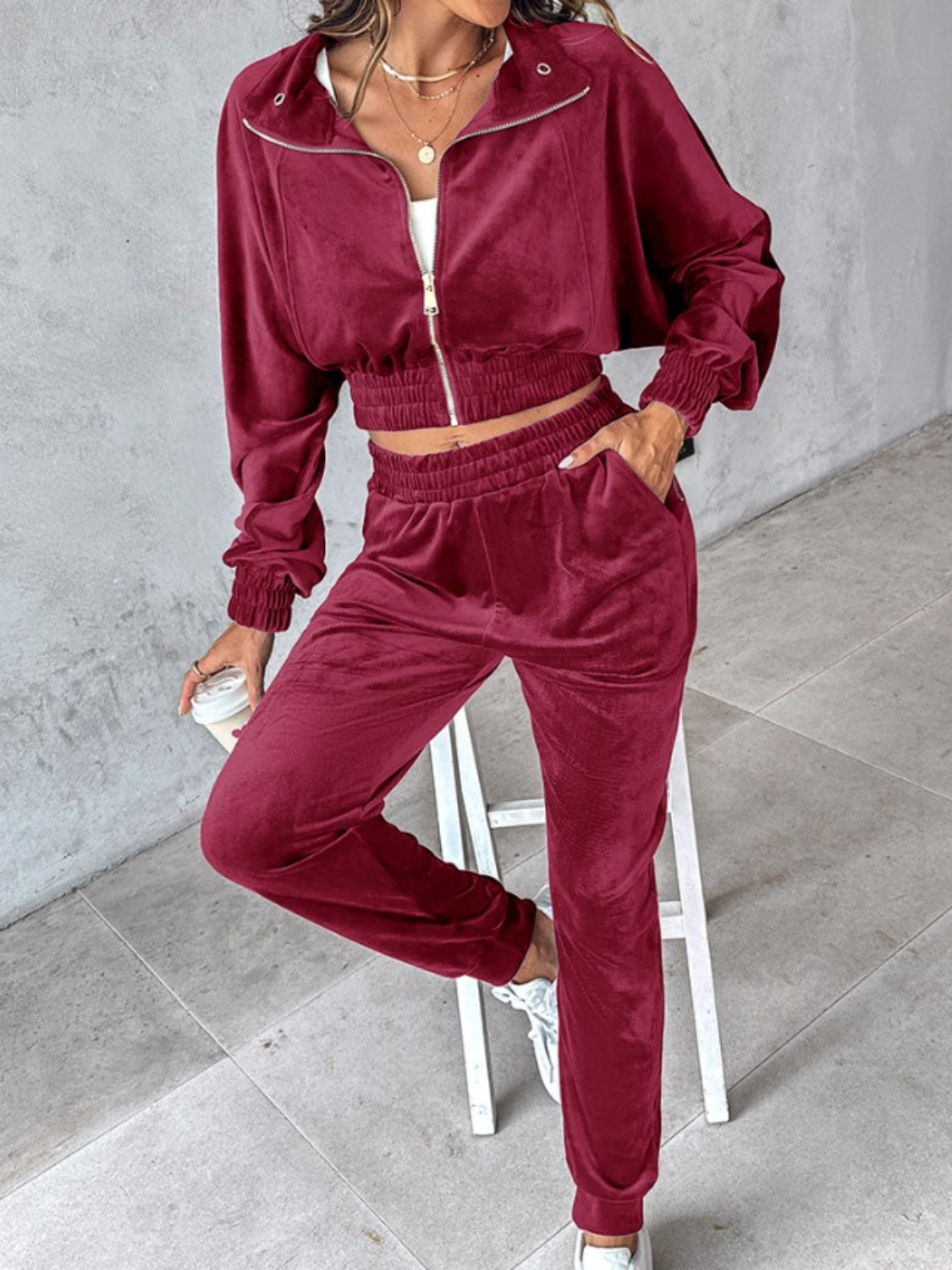 Zip Up Long Sleeve Cropped Top and Joggers Set Trendsi