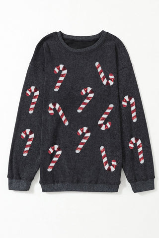 Sequin Candy Cane Round Neck Sweatshirt Trendsi