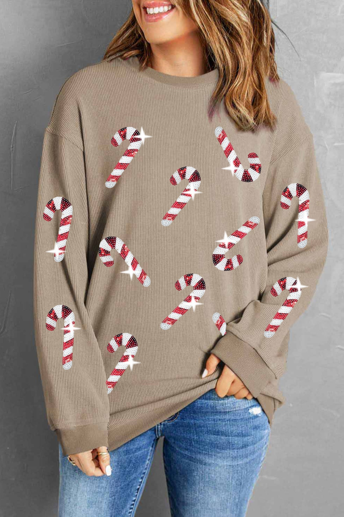 Sequin Candy Cane Round Neck Sweatshirt Trendsi