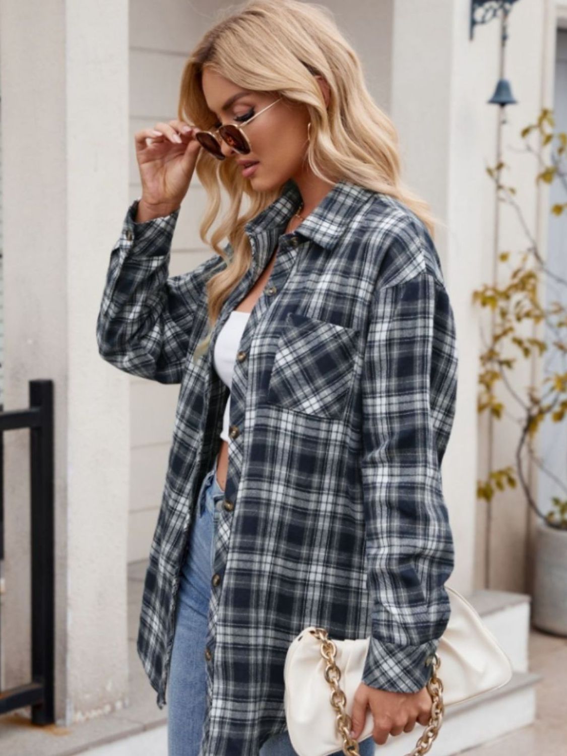 Mandy Pocketed Plaid Collared Neck Long Sleeve Shirt Trendsi