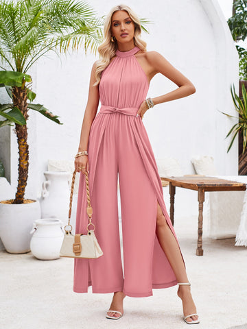 Ruched Slit Tied Sleeveless Jumpsuit Trendsi