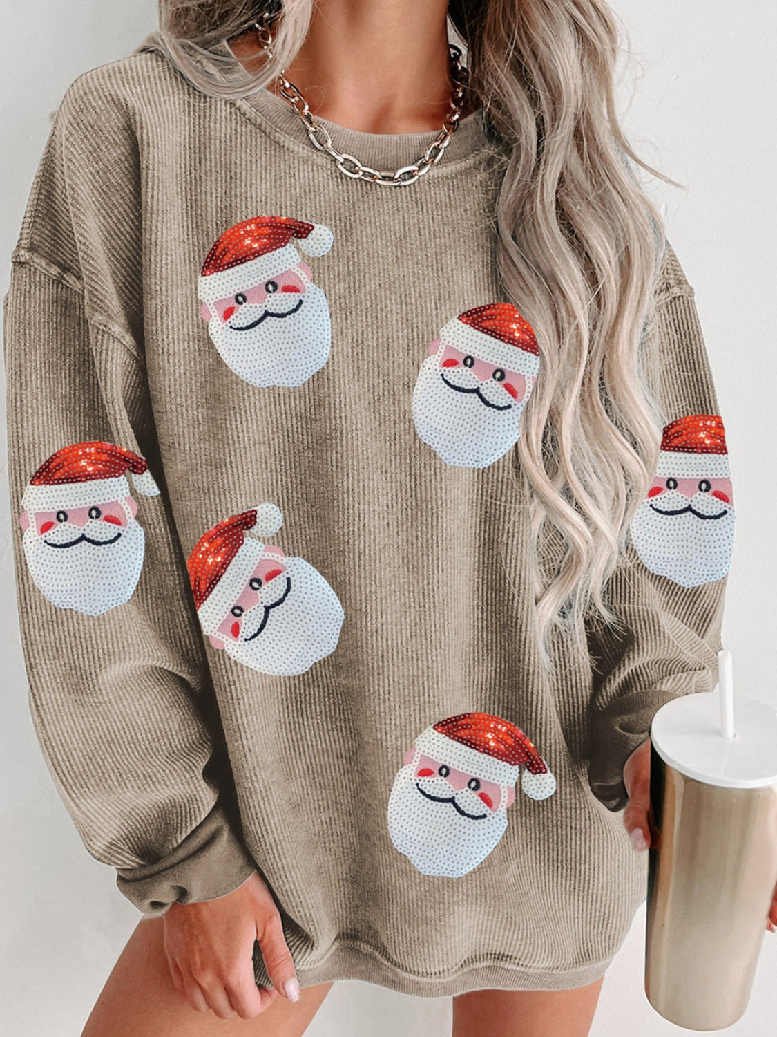 Sequin Santa Patch Ribbed Sweatshirt Trendsi