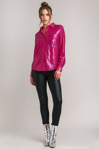 Umgee Sequin Long Sleeve Shirt with Side Chest Pocket Trendsi