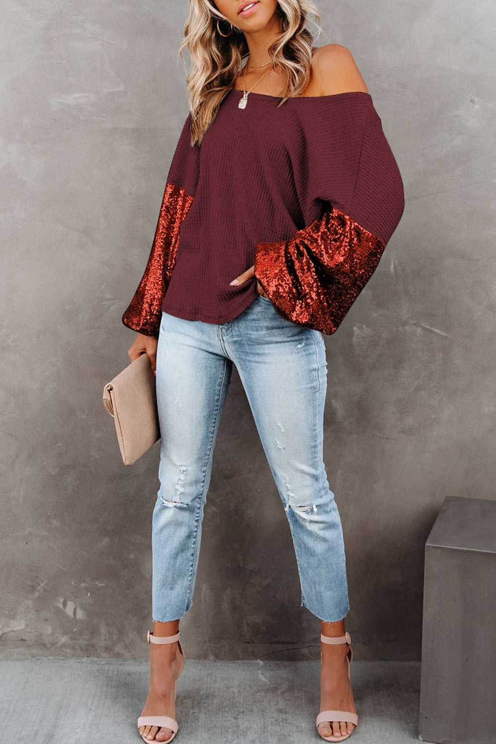 Sequin Crisscross Boat Neck Long Sleeve Blouse Trendsi