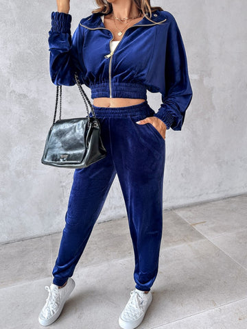 Zip Up Long Sleeve Cropped Top and Joggers Set Trendsi