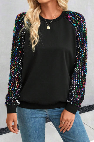 Sequin Round Neck Long Sleeve Blouse Trendsi