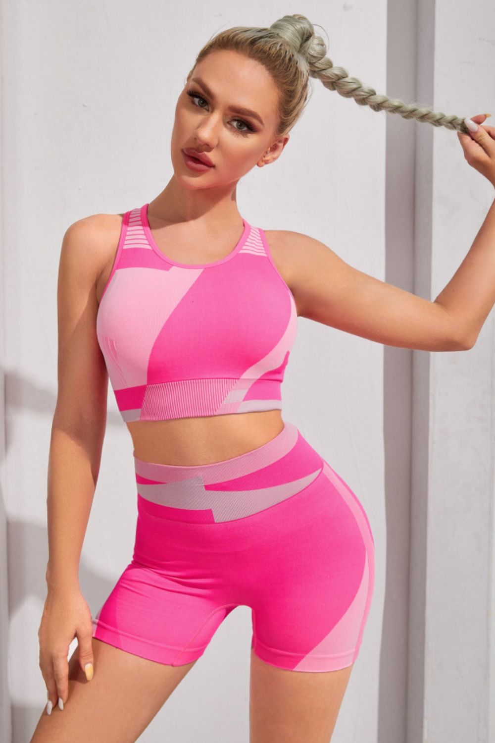 Color Block Sports Bra and Shorts Set Trendsi