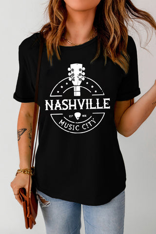 Western NASHVILLE MUSIC CITY Cuffed Graphic Tee Shirt Trendsi