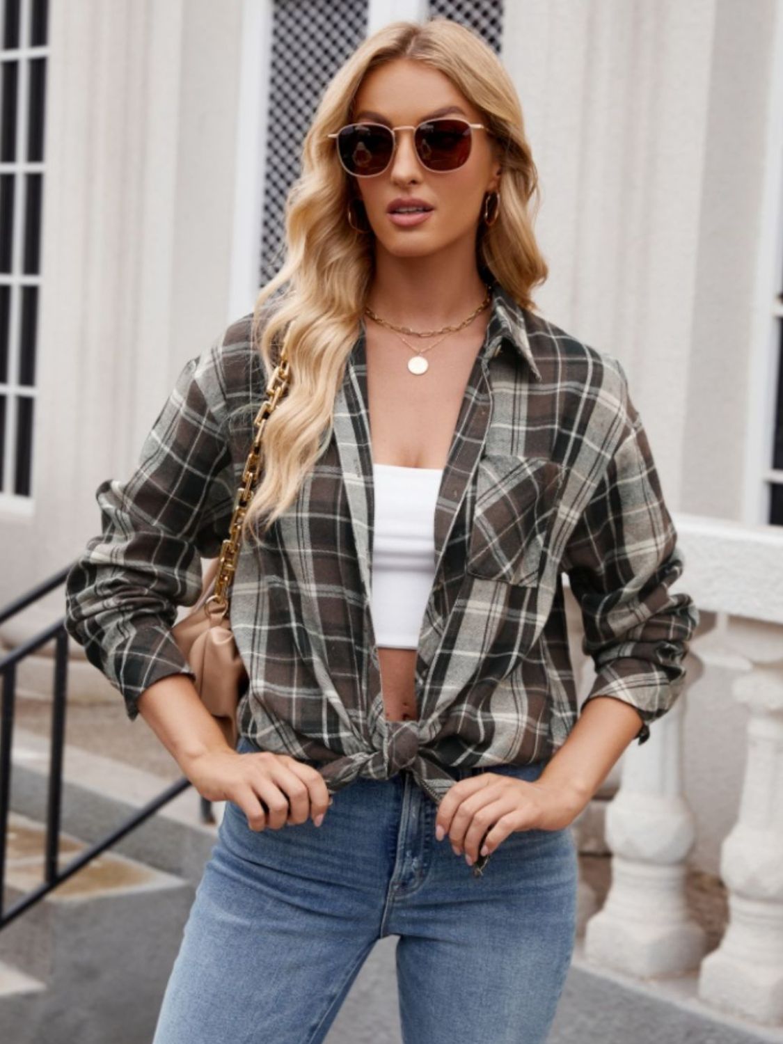 Mandy Pocketed Plaid Collared Neck Long Sleeve Shirt Trendsi