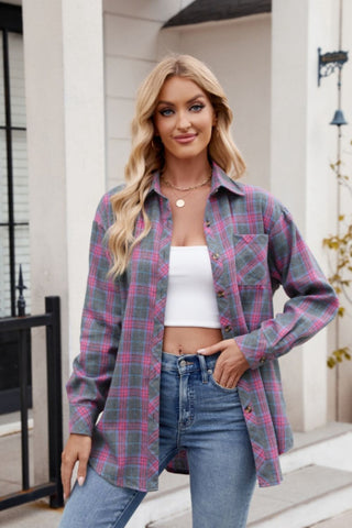 Mandy Pocketed Plaid Collared Neck Long Sleeve Shirt Trendsi