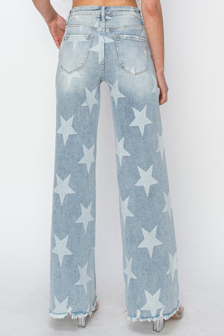 RISEN Full Size Raw Hem Star Wide Leg Jeans Trendsi